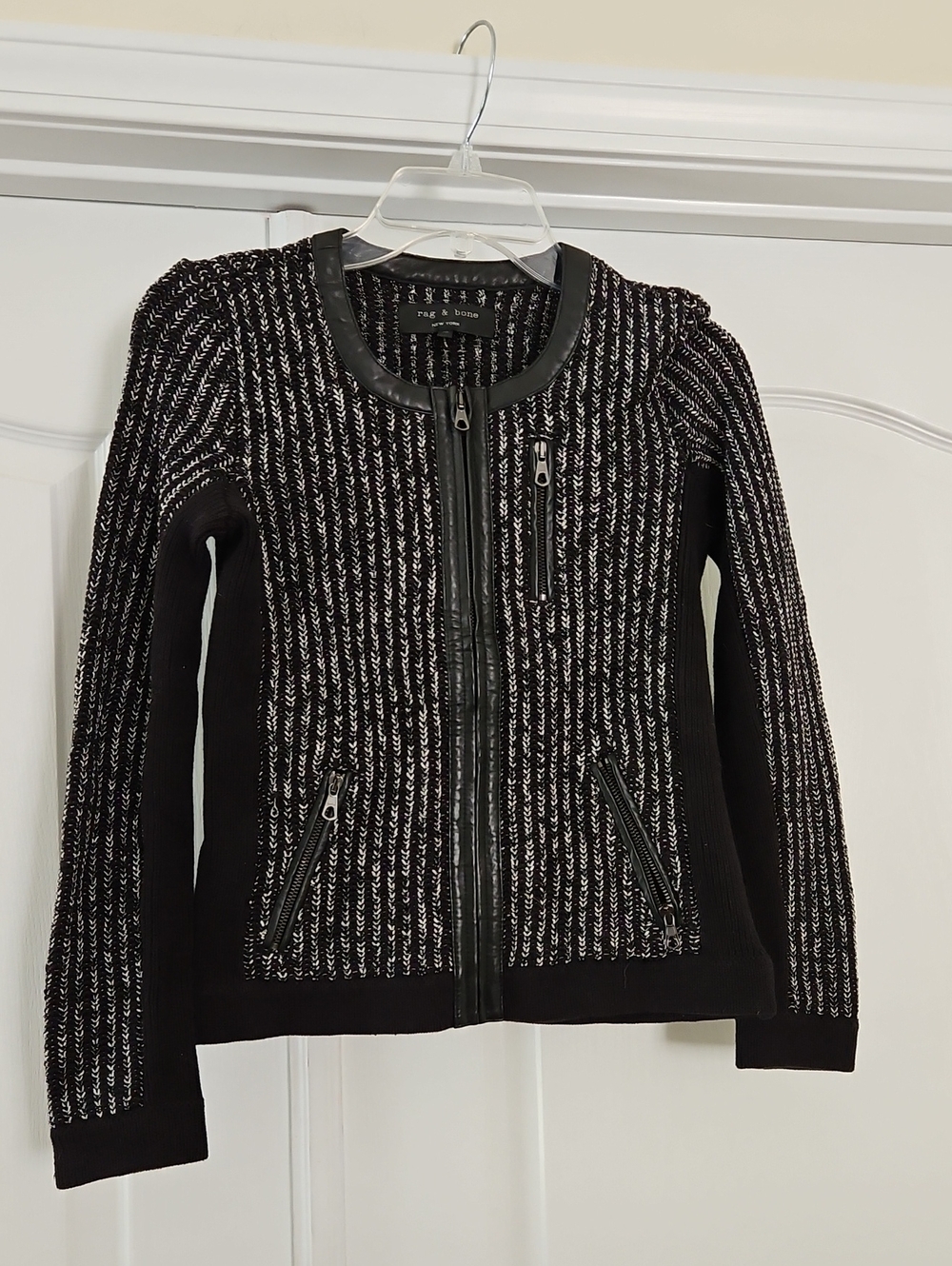 Rag & Bone Paula Black Leather-Trim Ribbed Knit Jacket Size XS - Picture 3 of 9
